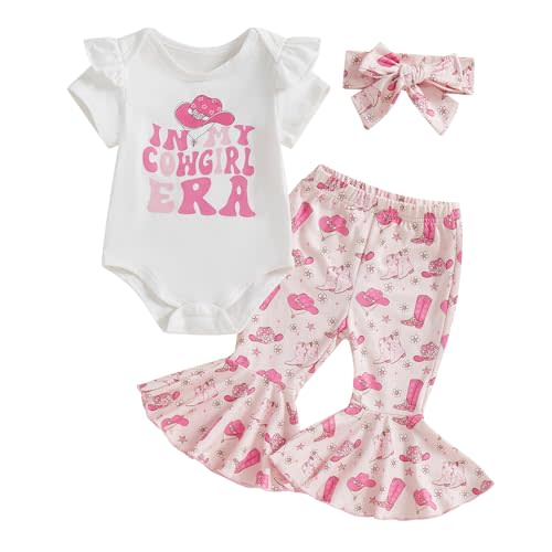 Ysfanwuxi Western Baby Girl Summer Clothes In My Cowgirl Era Romper Bell Bottom Flare Pants Set 3Pcs Infant Cowgirl Outfits