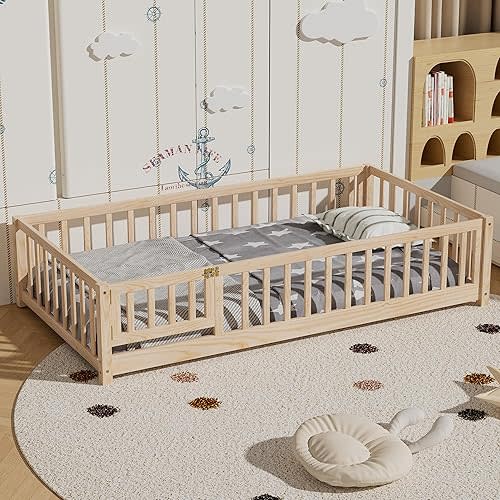 i-POOK Twin Floor Bed for Children, Sturdy Wood Montessori Bed Frame with Wood Slats, Fence & Door, Montessori Floor Bed for Girls and Boys, Natural