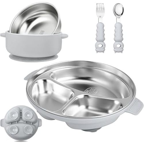 Stainless Steel Baby Plates with Suction, Toddler Plates with Removable Silicone Shell for Kids, Non-Slip Toddler Baby Feeding Set, Forks + Spoons Included-Gray