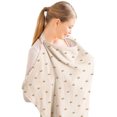 Konssy Muslin Nursing Cover for Baby Breastfeeding, Breathable 100% Cotton Breastfeeding Cover with Rigid Hoop for Mother Nursing Apron, Multi-use Carseat Canopy (Sun)