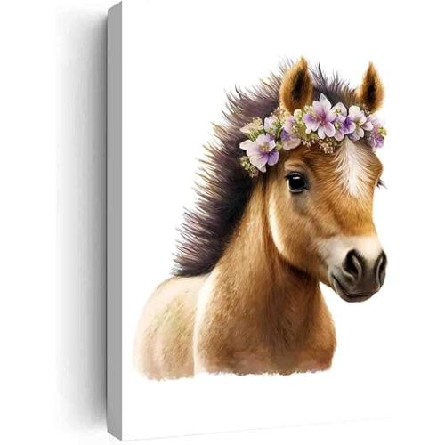 Horse Pony Flower Crown Botanical Farmhouse Cute Nursery Wall Art Print,Baby Safari Animals Wall Art Prints - Safari Nursery Decor - Watercolor Boys Girls Room Posters-12"x16" canvas print with frame