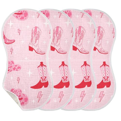 Mazeann Pinks Western Cowgirl Boots Burp Cloths Baby Boys Girls Absorbent Soft Cotton Burping Cloths Rags 4 Pack