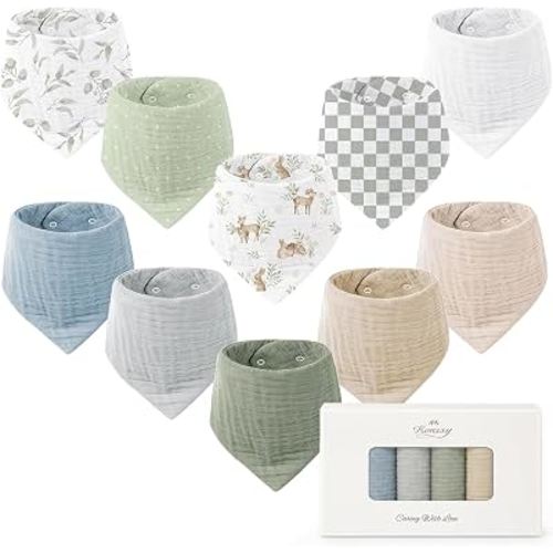 Konssy 10 Pack Baby Muslin Bandana Bibs for Drooling and Teething | 100% Cotton, 6-Layer Bibs, Pre-Washed Soft & Absorbent, Adjustable Neck Fit, Boys & Girls 0-36M