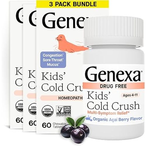 Genexa Kids' Cold Crush | Multi-Symptom Cough & Cold Relief for Children | Delicious Organic Acai Berry Flavor | Certified Organic & Non-GMO | Homeopathic Remedy Made Clean | 180 Chewable Tablets