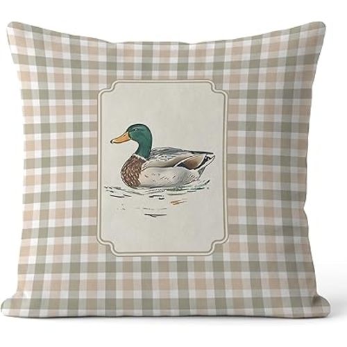 Farmhouse Mallard Duck Pillow Covers 18x18, Mallard Duck Nursery Decor, Green and Beige Plaid Farm Animal Decorative Throw Pillow Covers for Kids Room Home Bedroom Sofa Couch