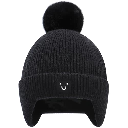 Baby Beanie with Ear Flaps pom pom Smiley Embroidery- Skin Friendly Fleece Lining Winter hat for Infant 0-24M