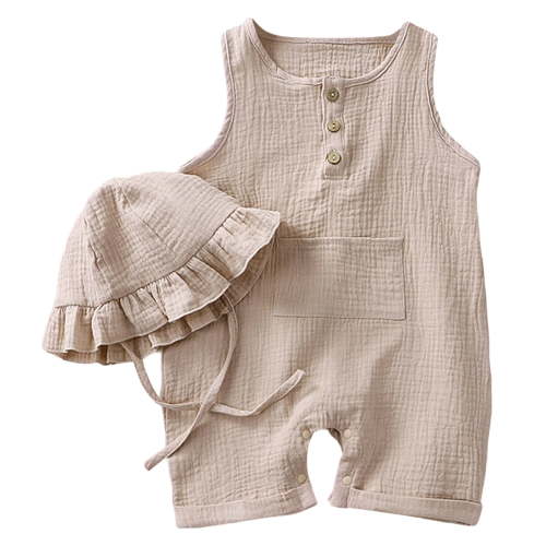 Staki Infant Newborn Baby Boys Cotton Linen Romper Summer Jumpsuit Sleeveless Overalls Clothing Set 3M 6M 9M Beige,0-3 Months