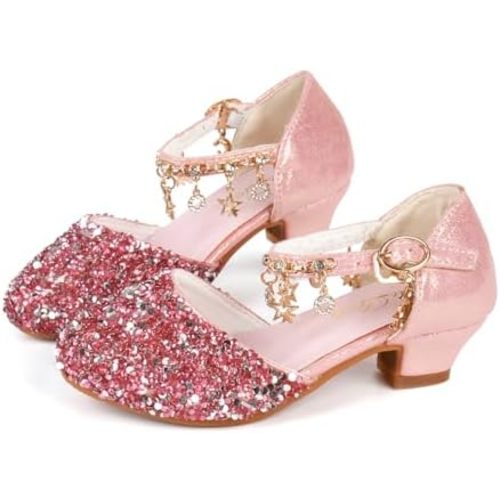 ChuLian Little Kids Girls Dress Pumps Glitter Sequins Princess Low Heels Princess Dress Shoes Party Dance Shoes Rhinestone Sandals