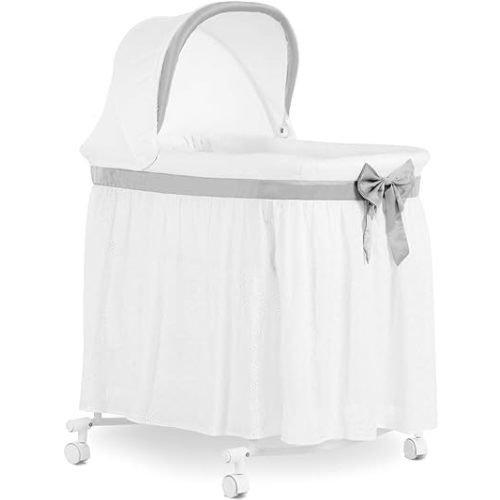 Dream On Me Montreal 2-in-1 Baby Bassinet with Rocking Mode, Ruffled Design, Adjustable Mesh Canopy, Under-Bassinet Storage, Lightweight & Portable with Locking Wheels, Mattress Pad Included - Grey