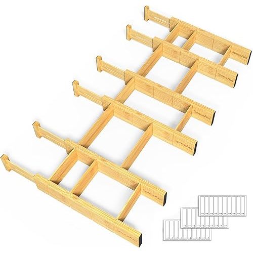 SpaceAid Bamboo Drawer Dividers with Inserts and Labels, Kitchen Adjustable Drawer Organizers, Expandable Organization for Home, Office, Dressers and Bathroom, 6 Dividers with 12 Inserts (13.25-17 in)
