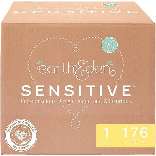 Earth & Eden Sensitive Baby Diapers, Size 1 (176 Count) - Eco-Conscious & Hypoallergenic Diapers - No Harsh Chemicals - Comfortable and Gentle on Skin - Dermatologically Approved