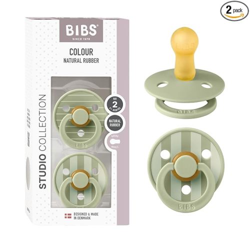 BIBS Pacifiers - Studio 2 Pack | Round Nipple Baby Pacifier | BPA Free Natural Rubber Latex Soother | Made in Denmark | Size 6+ Months | Pin Sage