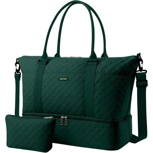 HOTOR Travel Duffel Bag - Weekender Bags for Women, Gym Tote Bags with Shoe Compartment, Carry On Overnight Bag with Toiletry Bag for Travel Essentials Travel Accessories, Dark Green, 13.4"×17.3"×7.9"