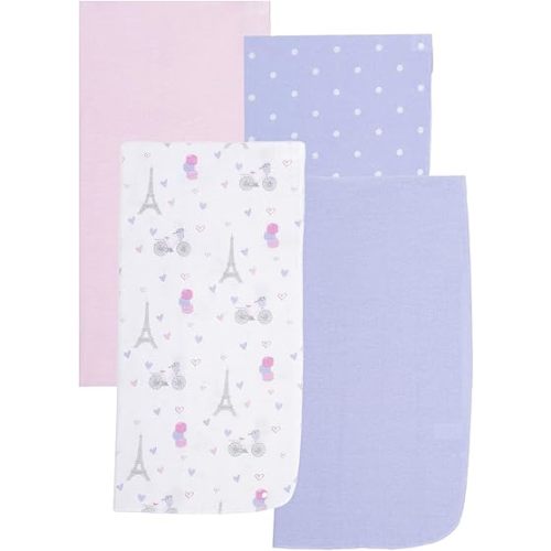 EVERYDAY KIDS 4 Pack of Soft Flannel Receiving Baby Blanket Set for Girls; Pink and Grey Baby Swaddle Blankets with Paris Eiffel Tower and Polka Dot Designs for Newborn Baby Girl Nursery