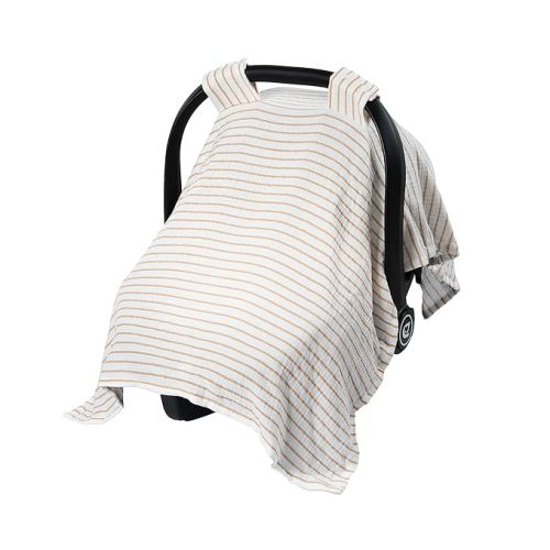 Meracorallo Muslin Baby Car Seat Cover, 100% Cotton Infant Carrier Cover, Lightweight Breathable Soft Carseat Canopy for Baby Boys and Girls (Neutral Stripe)