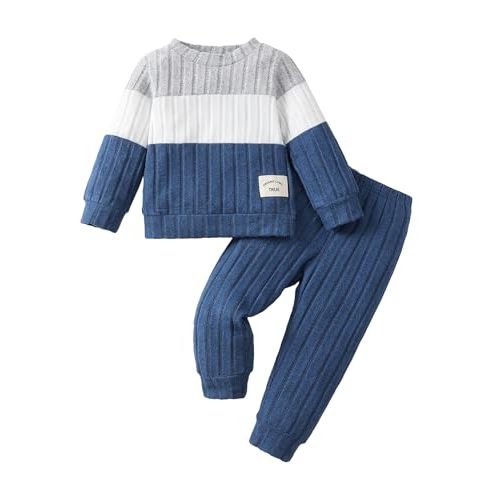 VEGGIEDOT Toddler Baby Boy Clothes 6 9 12 18 24 Months Infant Boy Outfits Color Block Fall Winter Pants Set 2T 3T 4T