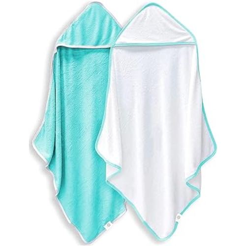 2 Pack Baby Bath Towel - Rayon Made from Bamboo, Ultra Absorbent - Ultra Soft Hooded Towels for Kids - X Large Size for 0-7 Yrs (White and Malachite, 37.5 x 37.5 Inch)