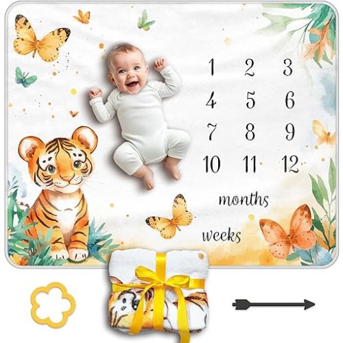 Baby Monthly Milestone Blanket for Boys and Girls- 40x50 Inch Soft Flannel Tiger Design – Includes Felt Milestone Markers & Ribbon – Photo Prop for Newborn Monthly Growth – Gift-Ready in Zipper Pouch