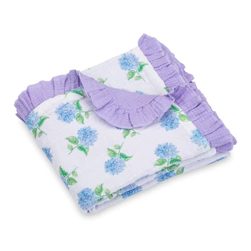 LollyBanks Muslin Baby Blanket, 100% Organic Cotton Ruffle Baby Blanket | 40 x 36 in, Soft, Breathable and Lightweight Ruffle-Edge Newborn Blanket for Stroller Rides & Cuddles (Hydrangea)