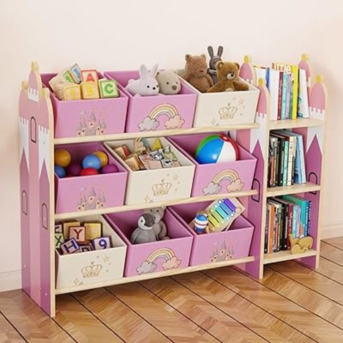 Toy Storage Organizer with 3 Shelves and 9 Bins, Pink Castle Bookshelf and Bookcase for Kids, Playroom Toy Bin Shelf for Bedroom & Room, 41.9" W