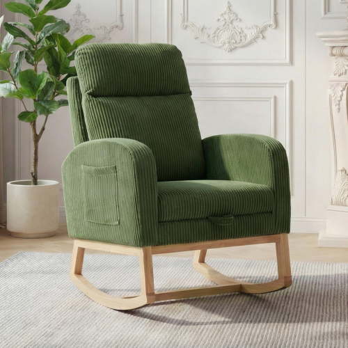 Nursery Glider Rocking Chair with Adjustable Footrest, Tufted High Back, Side Pocket, Corduroy Upholstered Nursing Rocker with Solid Wood Base for Nursery/Living Room/Bedroom - Wooden Legs