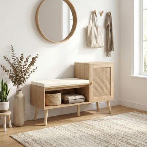 FurnitureR Rattan Storage Bench with Cushion, Entryway Shoe Bench with Cabinet and Open Shelf, MDF Frame, Natural Oak Finish for Hallway or Bedroom