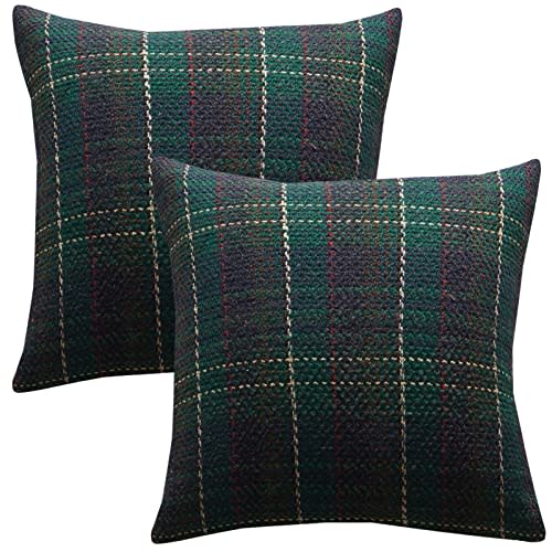 LOHDALOLF Green Plaid Pillow Covers 18x18 inch Set of 2 Knitting Tartan Pillow Cases Winter Xmas Farmhouse Cushion Covers for Sofa Bed