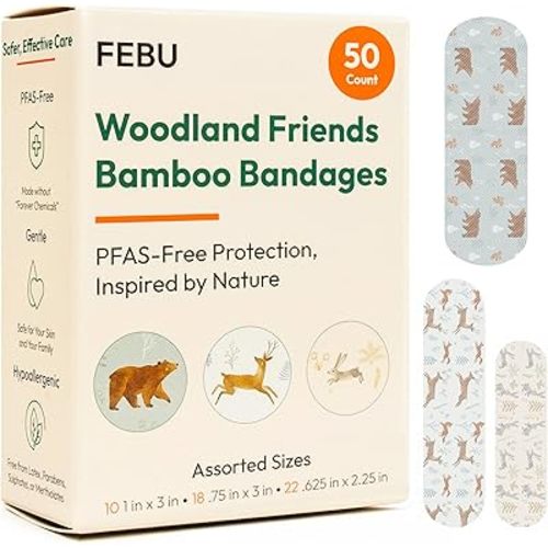 FEBU Woodland Print Bamboo Fabric Bandages | PFAS Free Flexible Fabric Bandages | Natural Hypoallergenic Bandage for Scrapes, Cuts & First Aid | Compostable, Latex Free Bandage | 50 Count Strip