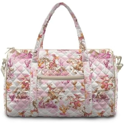 Pink Western Cowgirl Print Large Quilted Duffle Bag for Women, Weekender Travel Bag Carry On Bag with Luggage Sleeve, Gym Overnight Tote for Work Dance Hospital