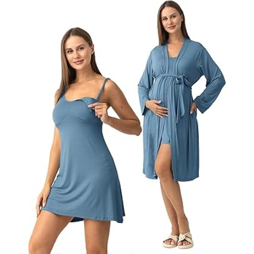 SUNNYBUY Women's Nursing Nightgown Maternity Robe Set, 3 in 1 Labor Delivery Breastfeeding Dress Postpartum Sleepwear