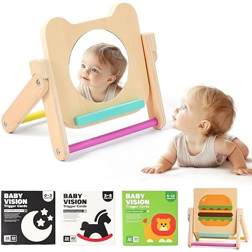 IEATFO Rotating Baby Safe Mirror with 120 Pages Visual Stimulation Cards - Wooden Tummy Time Mirror Toys - Black White Red and Color High Contrast Baby Flashcards for Brain and Cognitive Development