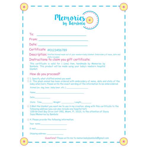 Gift Certificate for Stuffed Animal made out of Baby or Adult Clothes