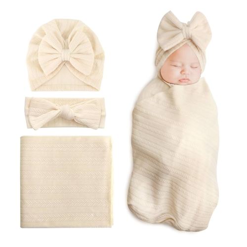 DRESHOW BQUBO Newborn Receiving Blanket Toddler Warm for Girls with Bow Hat and Bow Headband Shower Gift