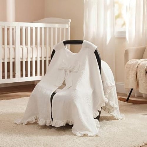 Tegeme Baby Car Seat Cover Canopy with Bow for Girls Cream White