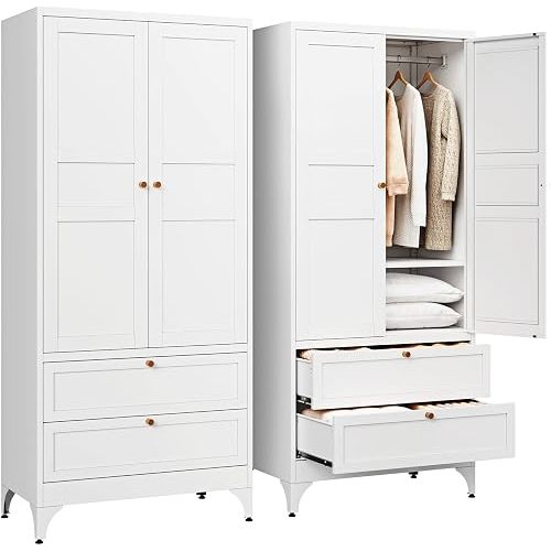 Letaya Metal Armoire Wardrobe Closet with Drawers,Clothing Storage Cabinet with Doors and Shelves,Coat Closet with Hanging Rod,Bedroom,Home,Cloak Room,White-71 H x 32" W x 18" D