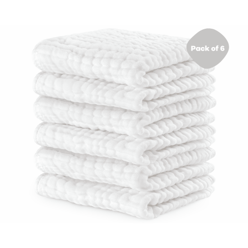 Comfy Cubs Baby Washcloths, Muslin Cotton Baby Towels, Large 10”x10” Wash Cloths (White, Pack of 6)