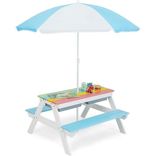 Kids Picnic Table, 3-in-1 Toddler Picnic Table with Height Adjustable Umbrella, Kids Outdoor Table with Detachable Tabletop & Remove Play Boxes, Water Table for Garden, Yard (Blue)
