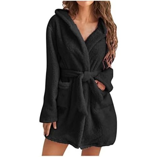 Womens Fuzzy Robe Mid Length Bathrobe Belted Soft Bath Robes Plush Kimono Robe with Pockets Fall Winter Spa Robes
