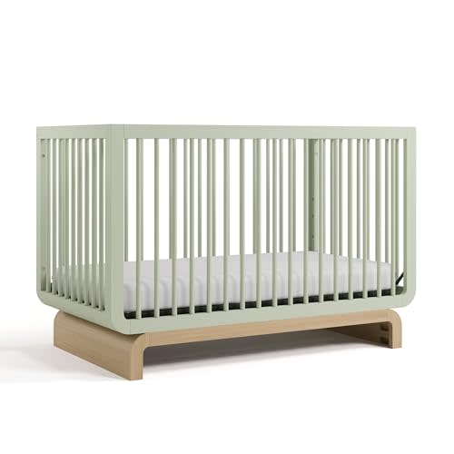 Storkcraft Santorini 5-in-1 Convertible Crib with Toddler Guardrail – GREENGUARD Gold Certified, Conversion Kit Included, 100% Solid Wood, Fits Standard Crib Mattress (Sage and Driftwood)