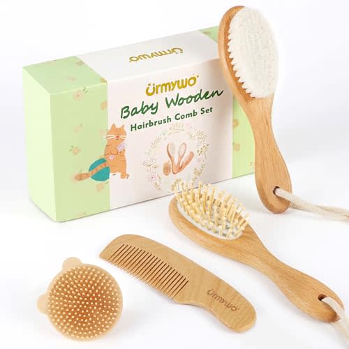 Baby Brush and Comb Set - 4 Piece Wooden Soft Bristle Hairbrush for Newborns, Baby Brush for Cradle Cap - Essentials Care Kit - Baby Shower Gift for Boys & Girls