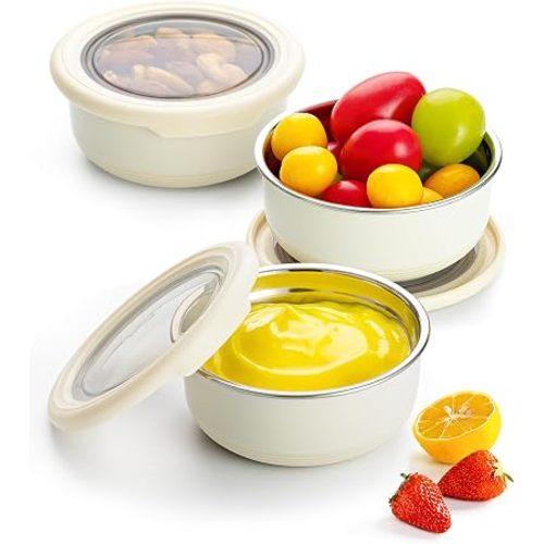 Lille Home 3 Pack Stainless Steel Snack Containers, 7.5oz Small Food Containers with Silicone Lids, Leakproof Lunch Box Condiment Containers, Dipping Sauce Cups Set for Picnic, Travel-Beige