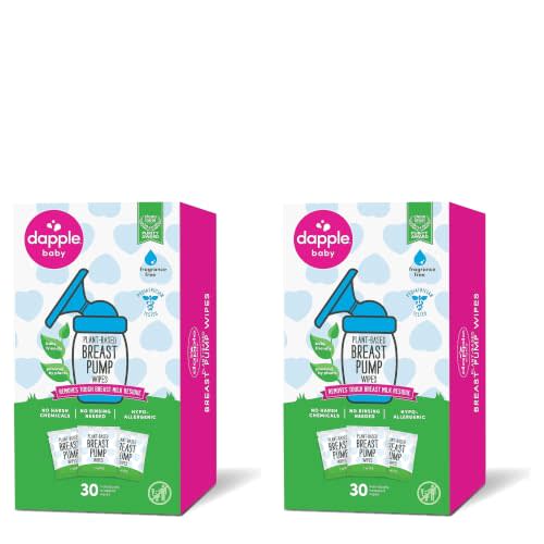 Breast Pump Wipes by Dapple Baby, Hypoallergenic & Powered by Plants, Removes Milk Residue, Leaves No Taste, Singles, Fragrance Free, 30 Count (Pack of 2)