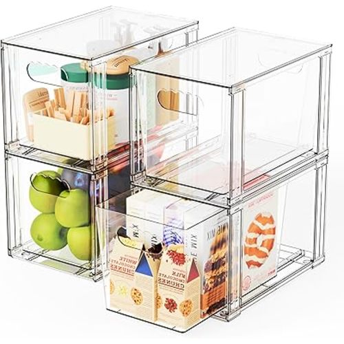 Yieach 4 Pack Large Stackable Storage Drawers,Clear Acrylic Drawer Organizers and Baby Bottle Organizer for Countertop,Cabinet,Bathroom,Pantry,Office Closet Organizers and Brightroom Storage Bins