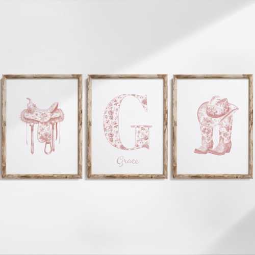 Personalized Cowgirl Nursery Wall Art – Set of 3 Soft Pink Western Prints (Digital Download)