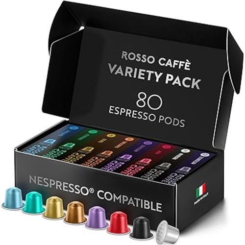ROSSO CAFFÈ Espresso Coffee Pods for Nespresso Original Machines - 80 Capsules Variety Pack, 8 Signature Flavors, Medium to Dark Roast