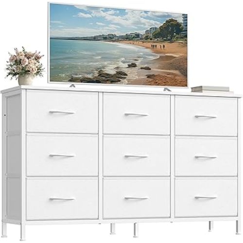 SONGMICS BELLAH Collection - Dresser for Bedroom, TV Stand for TVs Up to 55 Inches, Chest of Drawers for Living Room, Closet, Steel, 9 Drawers, Modern, Cloud White ULGS033WH02S
