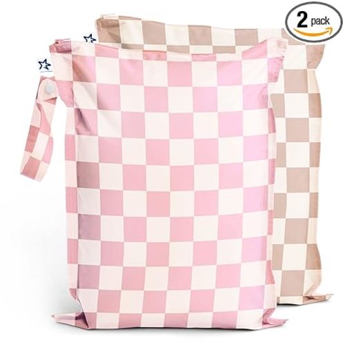 Tiny Twinkle Mess Proof Wet Bags | 2-Pack Reusable Waterproof Wet Bags for Swimsuits | Baby Clothes | Travel & Diaper Bag (Pink, Brown Checkers)