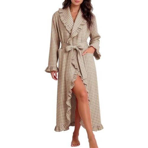 Kissonic Womens Gingham Robes Long Sleeve Cotton Ruffle Wrap Bathrobe
