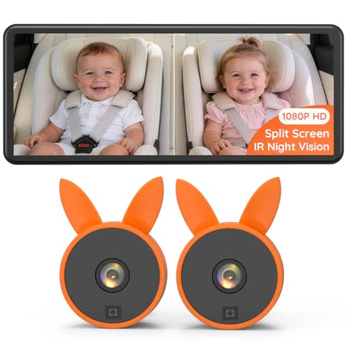 Babyvue Dual Car Camera Baby Monitor, 7.2" 1080P HD for 2 Kids, Split Screen with IR Night Vision, Easy Setup & Adjustable Brightness, Rear Facing View for Kids & Pet Safety