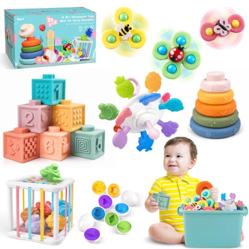 Plunack Montessori Baby Toys 6 in 1 Sensory Developmental Learning Set | Stacking Blocks, Rings, Pull String, Suction Cup Spinner, Matching Eggs & Sensory Bin, BPA-Free, Infant Developmental Skills